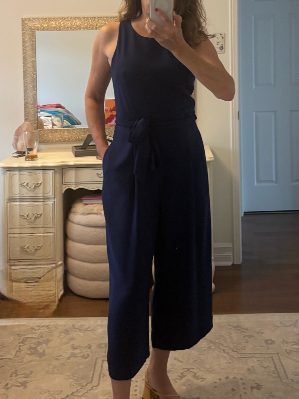Banana Republic Navy Sleeveless Cropped Wide-Leg Jumpsuit with Waist Tie